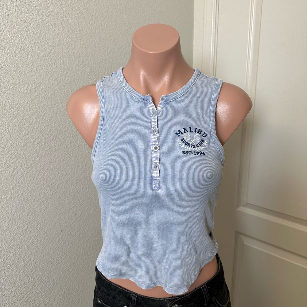 Stitch & Pine Tennis Ribbed Crop Light Blue Henley Tank Top Sz XS